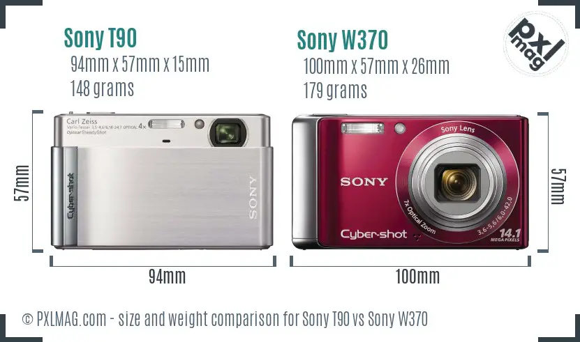 Sony T90 vs Sony W370 size comparison