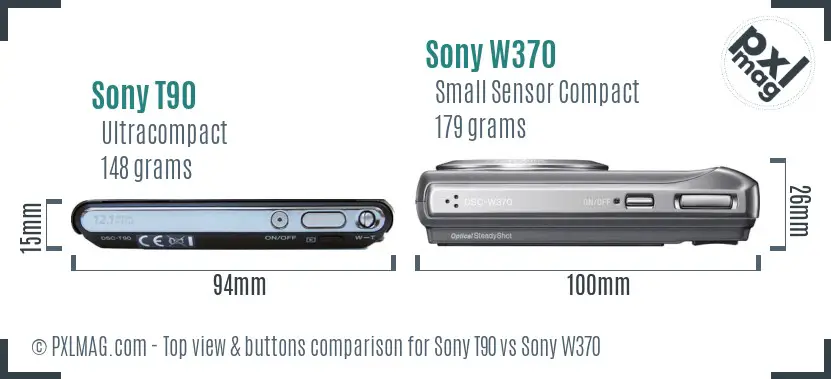 Sony T90 vs Sony W370 top view buttons comparison