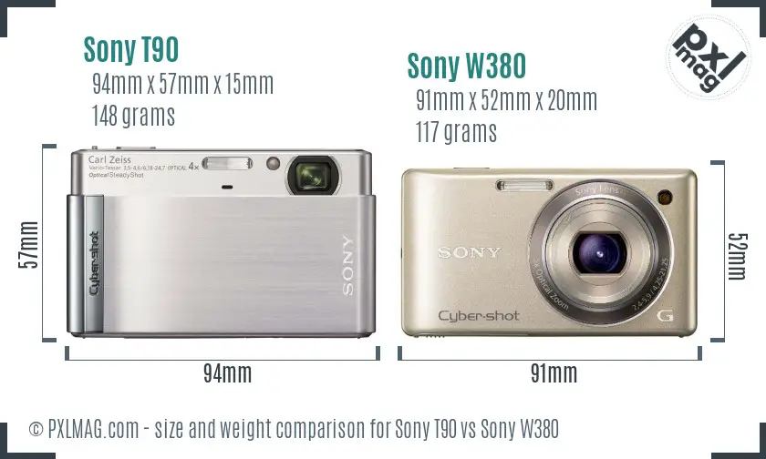 Sony T90 vs Sony W380 size comparison