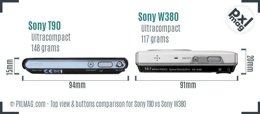 Sony T90 vs Sony W380 top view buttons comparison