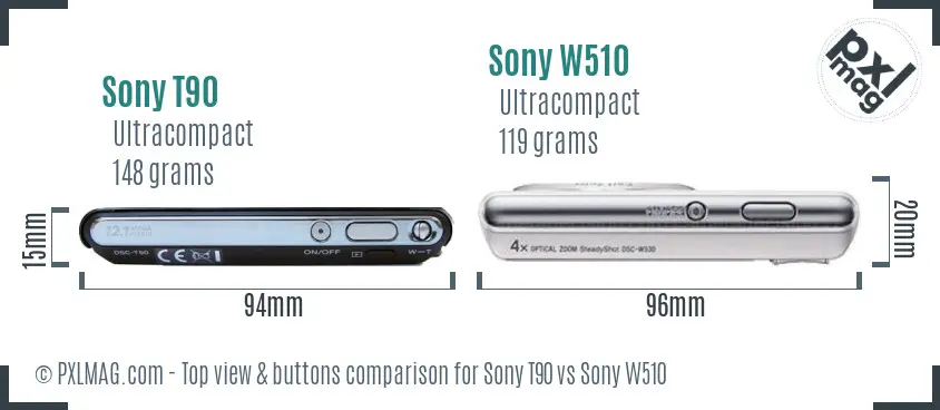 Sony T90 vs Sony W510 top view buttons comparison