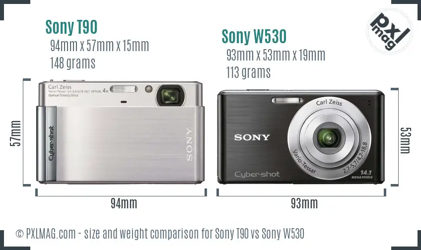 Sony T90 vs Sony W530 size comparison