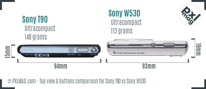 Sony T90 vs Sony W530 top view buttons comparison