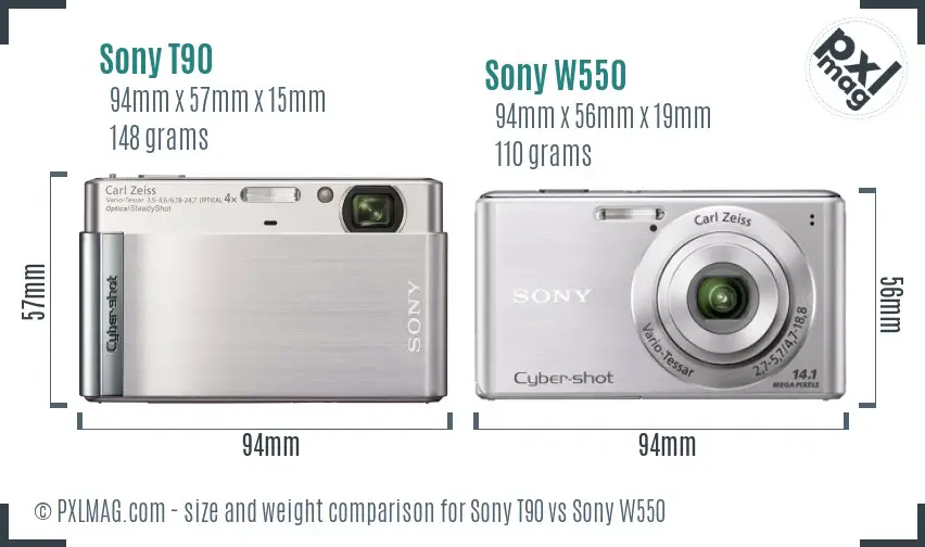 Sony T90 vs Sony W550 size comparison