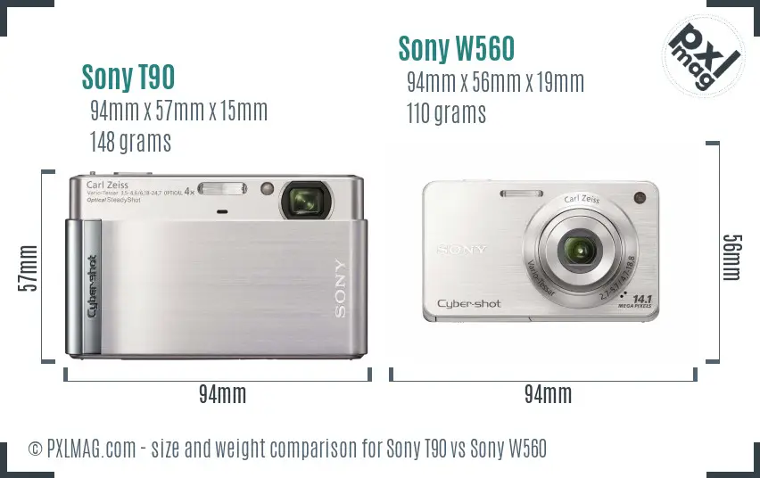 Sony T90 vs Sony W560 size comparison