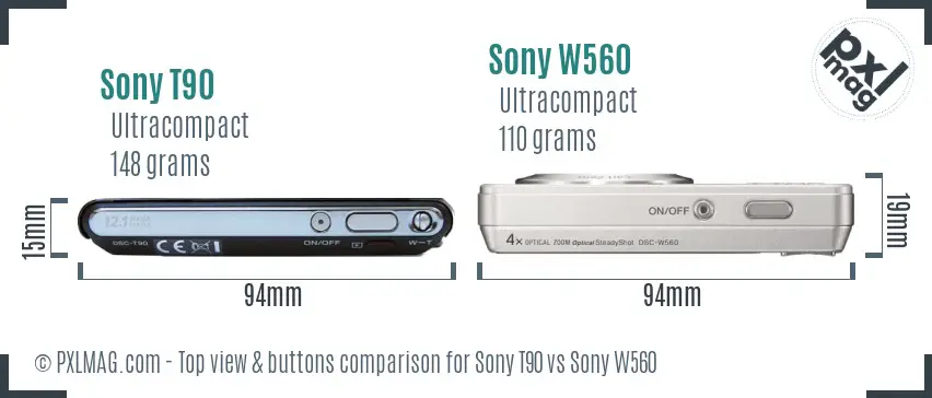 Sony T90 vs Sony W560 top view buttons comparison