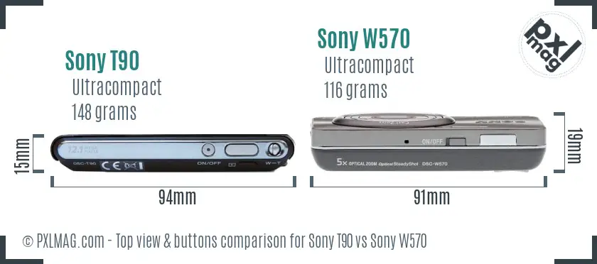 Sony T90 vs Sony W570 top view buttons comparison