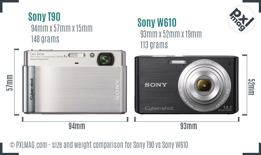 Sony T90 vs Sony W610 size comparison