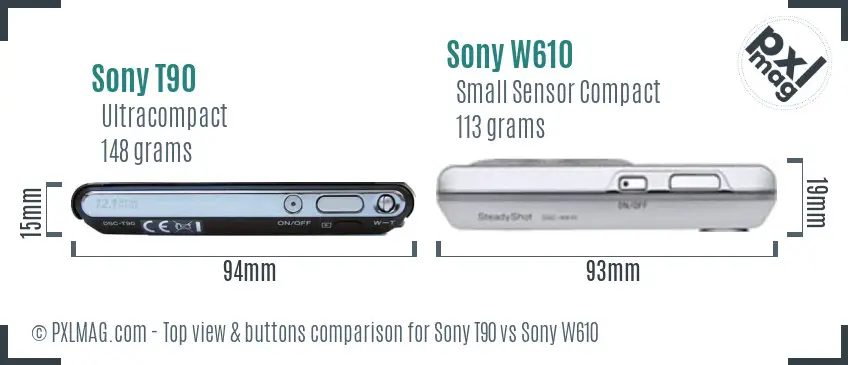 Sony T90 vs Sony W610 top view buttons comparison