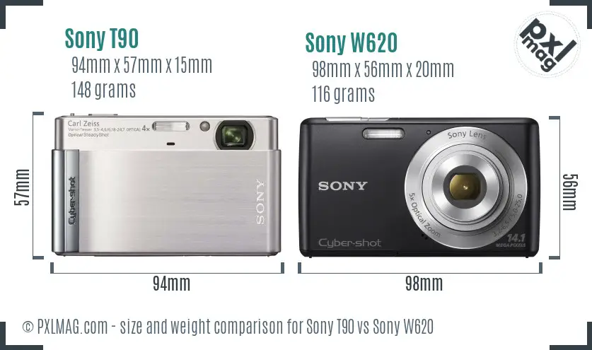 Sony T90 vs Sony W620 size comparison