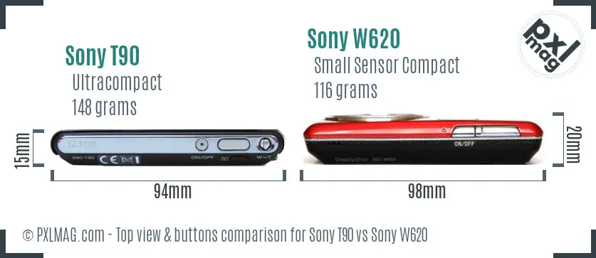 Sony T90 vs Sony W620 top view buttons comparison