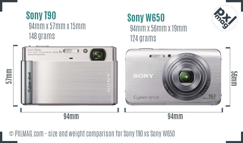 Sony T90 vs Sony W650 size comparison