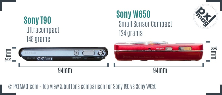 Sony T90 vs Sony W650 top view buttons comparison