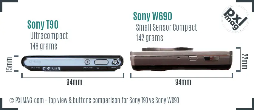 Sony T90 vs Sony W690 top view buttons comparison
