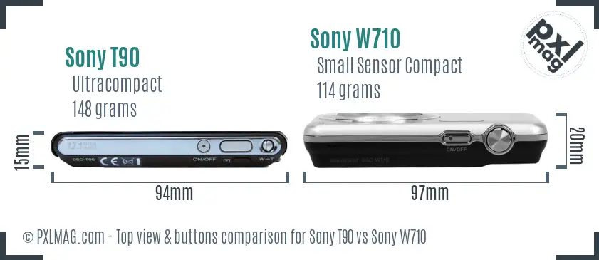 Sony T90 vs Sony W710 top view buttons comparison