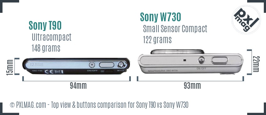 Sony T90 vs Sony W730 top view buttons comparison