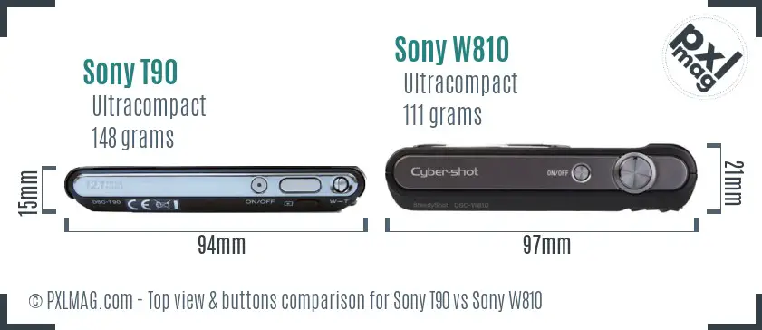 Sony T90 vs Sony W810 top view buttons comparison