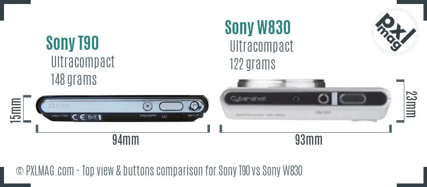 Sony T90 vs Sony W830 top view buttons comparison