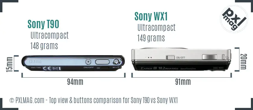 Sony T90 vs Sony WX1 top view buttons comparison