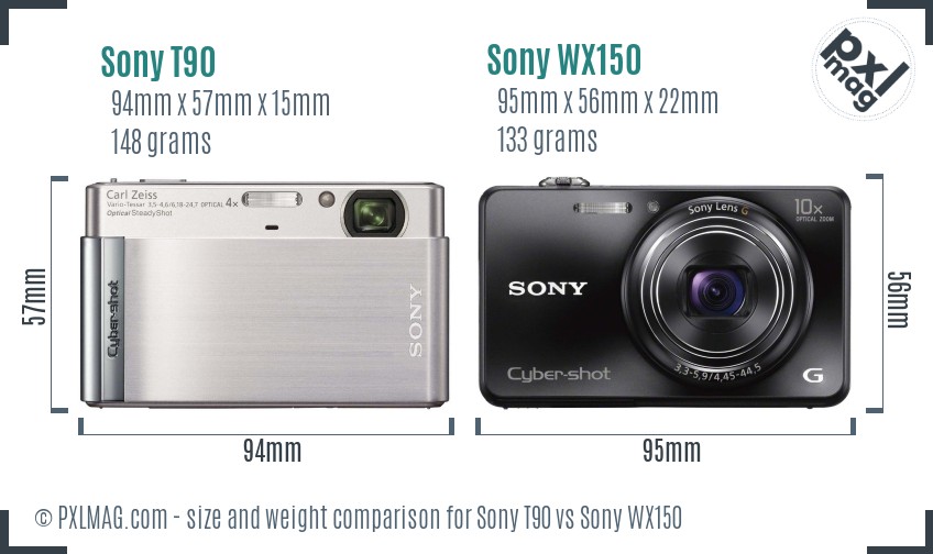 Sony T90 vs Sony WX150 size comparison
