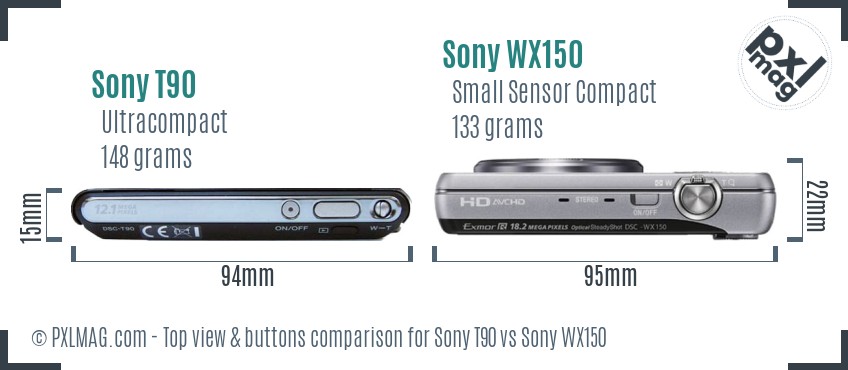 Sony T90 vs Sony WX150 top view buttons comparison