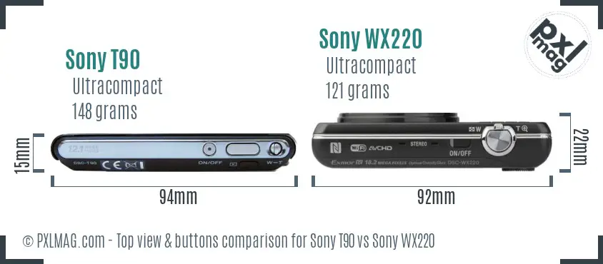 Sony T90 vs Sony WX220 top view buttons comparison