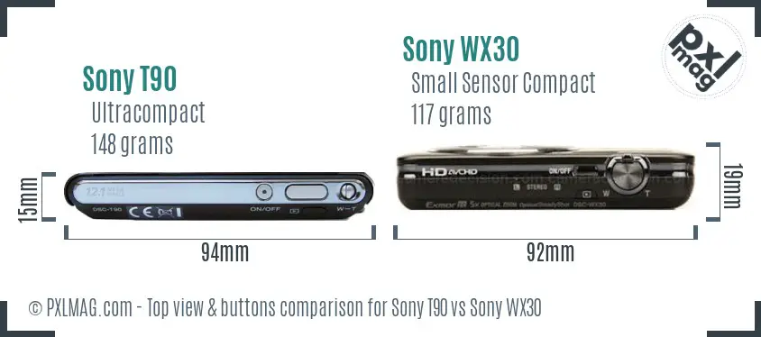 Sony T90 vs Sony WX30 top view buttons comparison