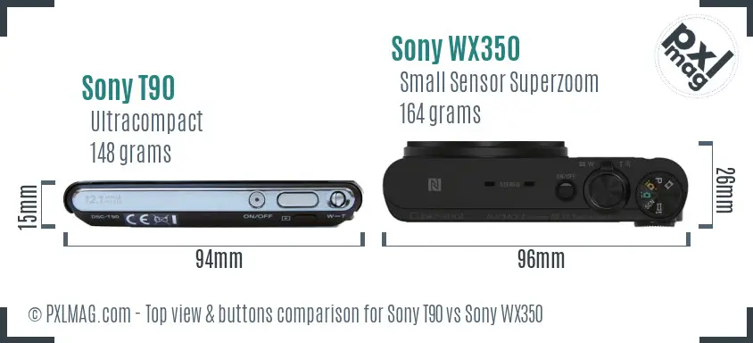 Sony T90 vs Sony WX350 top view buttons comparison