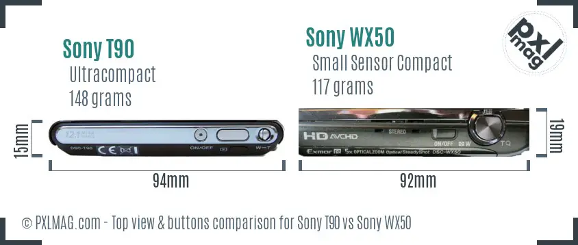 Sony T90 vs Sony WX50 top view buttons comparison