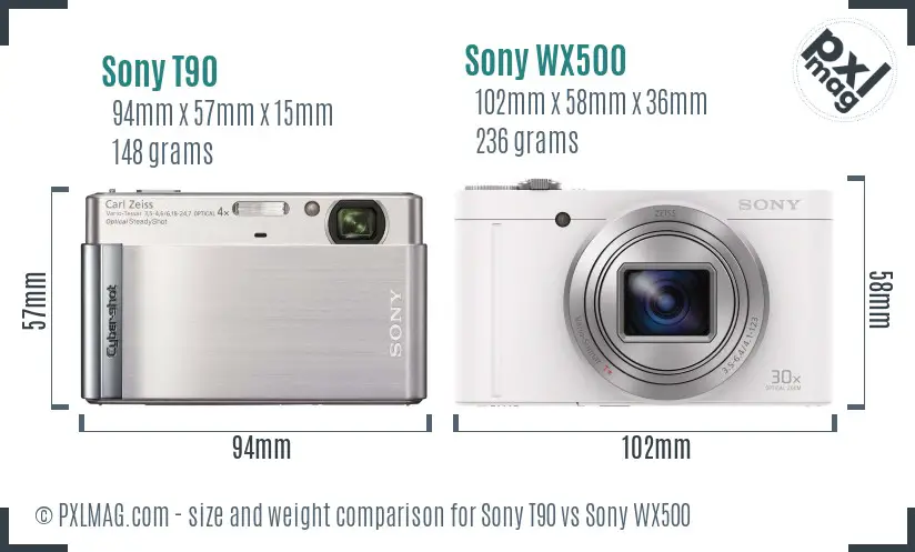 Sony T90 vs Sony WX500 size comparison