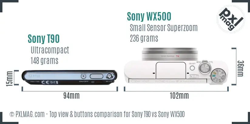 Sony T90 vs Sony WX500 top view buttons comparison