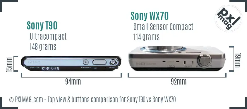 Sony T90 vs Sony WX70 top view buttons comparison