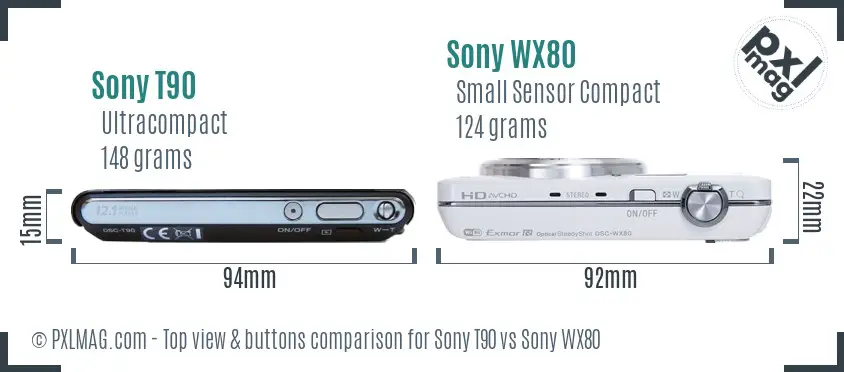 Sony T90 vs Sony WX80 top view buttons comparison