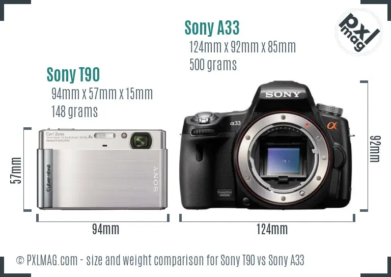 Sony T90 vs Sony A33 size comparison