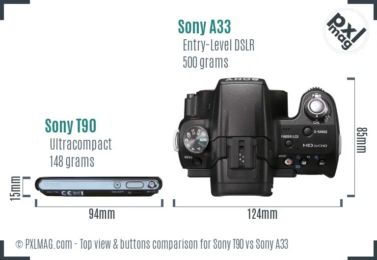 Sony T90 vs Sony A33 top view buttons comparison