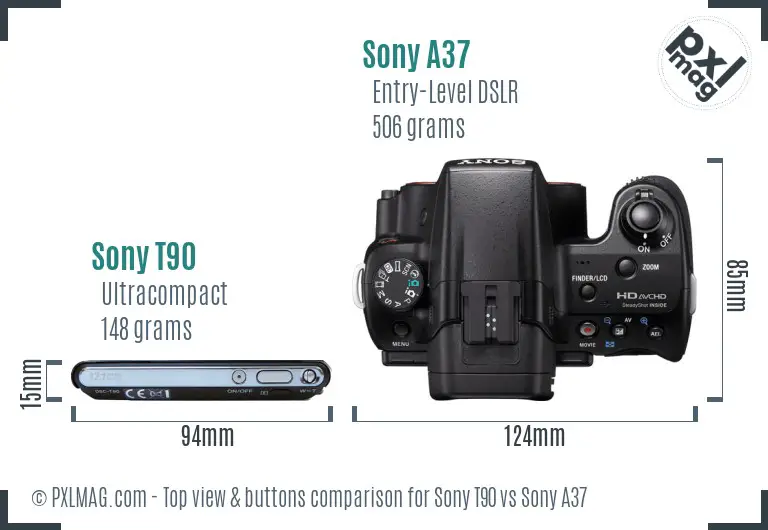Sony T90 vs Sony A37 top view buttons comparison