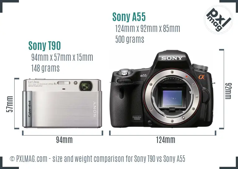 Sony T90 vs Sony A55 size comparison