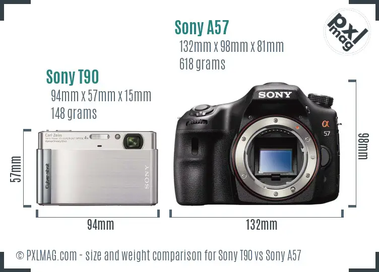 Sony T90 vs Sony A57 size comparison