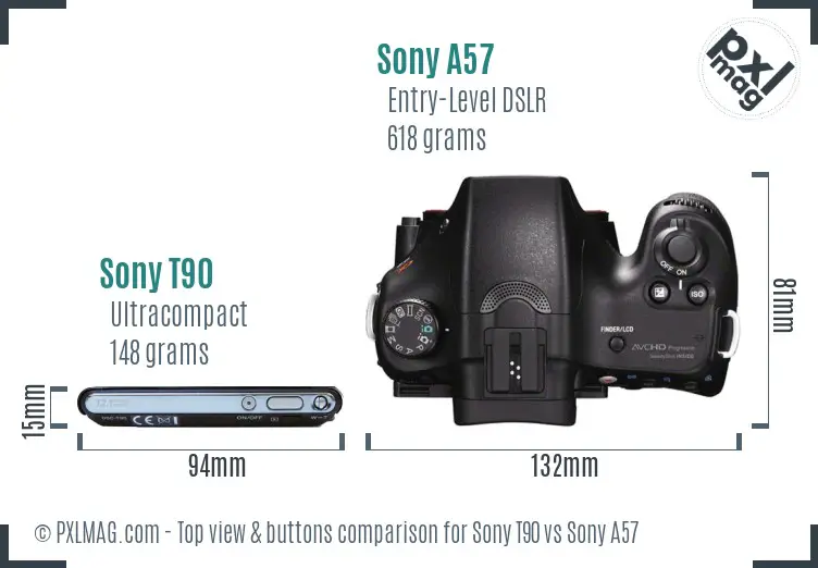 Sony T90 vs Sony A57 top view buttons comparison