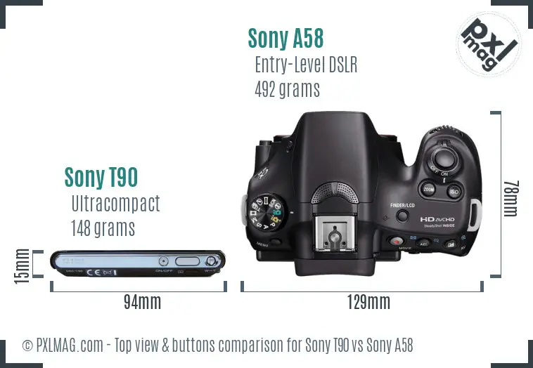 Sony T90 vs Sony A58 top view buttons comparison