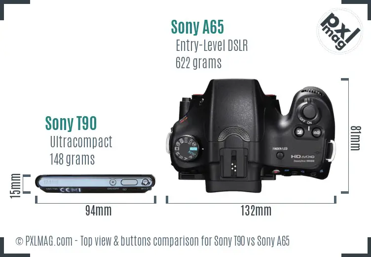 Sony T90 vs Sony A65 top view buttons comparison
