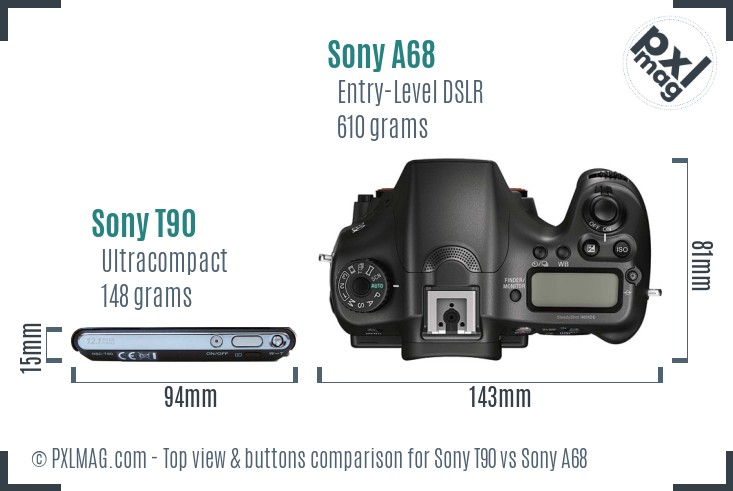 Sony T90 vs Sony A68 top view buttons comparison
