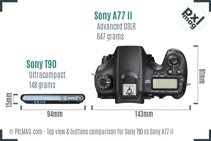 Sony T90 vs Sony A77 II top view buttons comparison