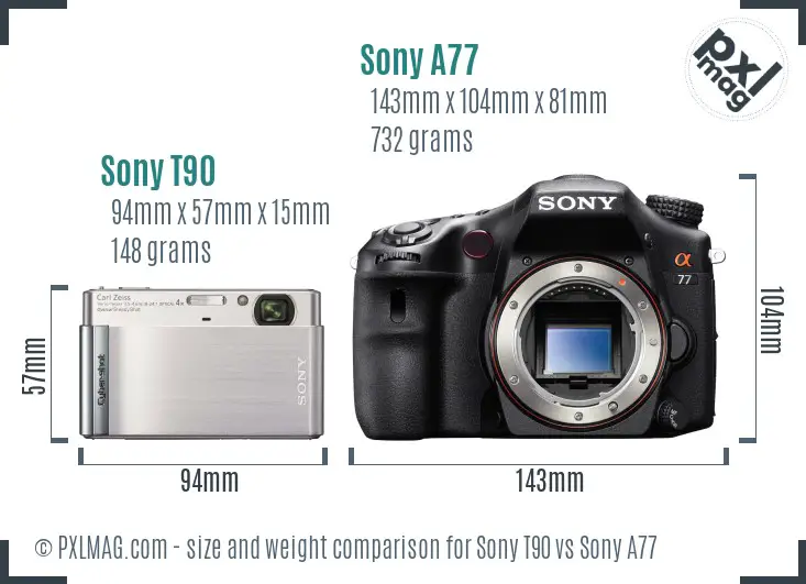 Sony T90 vs Sony A77 size comparison