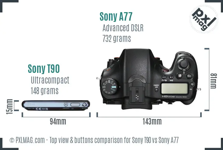 Sony T90 vs Sony A77 top view buttons comparison