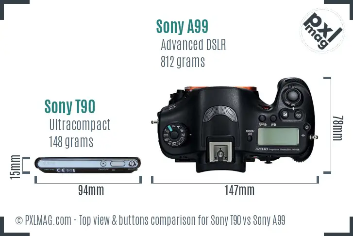 Sony T90 vs Sony A99 top view buttons comparison