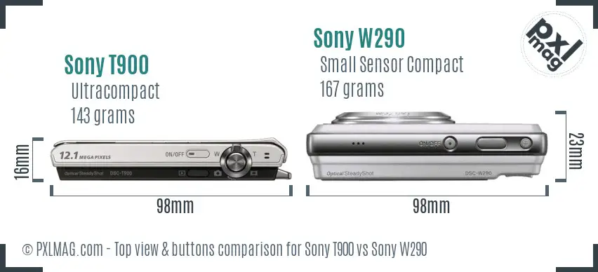 Sony T900 vs Sony W290 top view buttons comparison