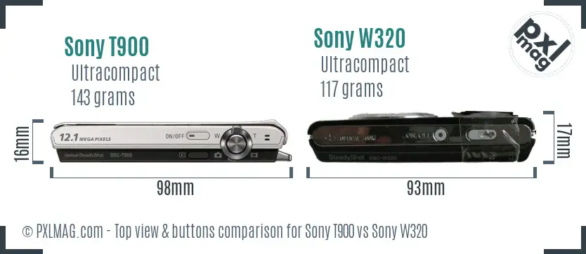 Sony T900 vs Sony W320 top view buttons comparison