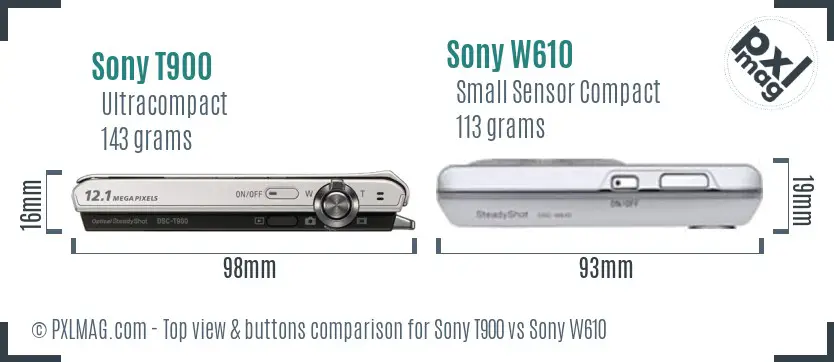 Sony T900 vs Sony W610 top view buttons comparison