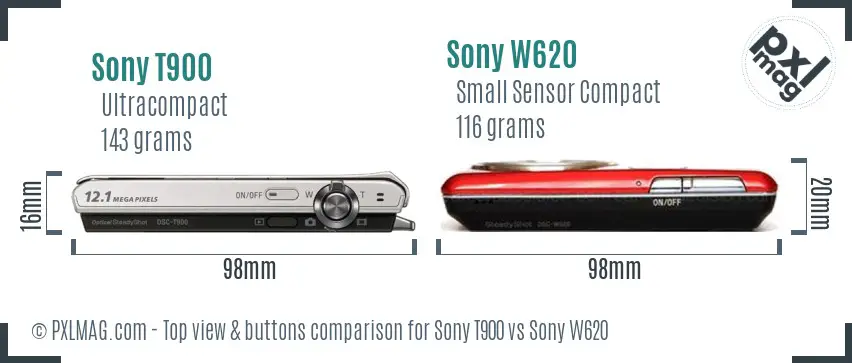 Sony T900 vs Sony W620 top view buttons comparison